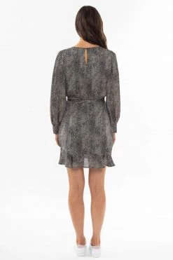 Leila + Luca Brilliance Black Mini Cheetah Satin LS Frill Hem Dress New In