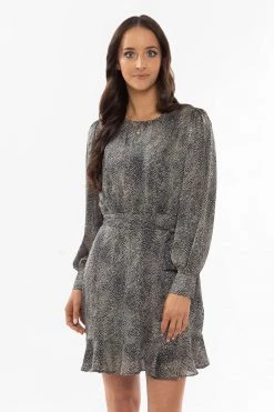 Leila + Luca Brilliance Black Mini Cheetah Satin LS Frill Hem Dress New In