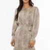 Leila + Luca New In Brilliance Champagne Mini Chettah Satin LS Frill Hem Dress