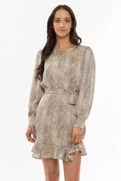 Leila + Luca New In Brilliance Champagne Mini Chettah Satin LS Frill Hem Dress
