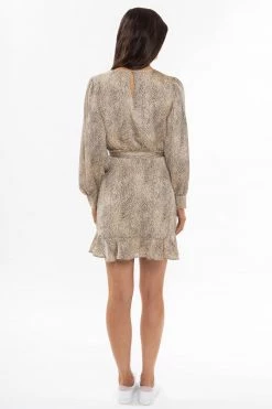 Leila + Luca New In Brilliance Champagne Mini Chettah Satin LS Frill Hem Dress