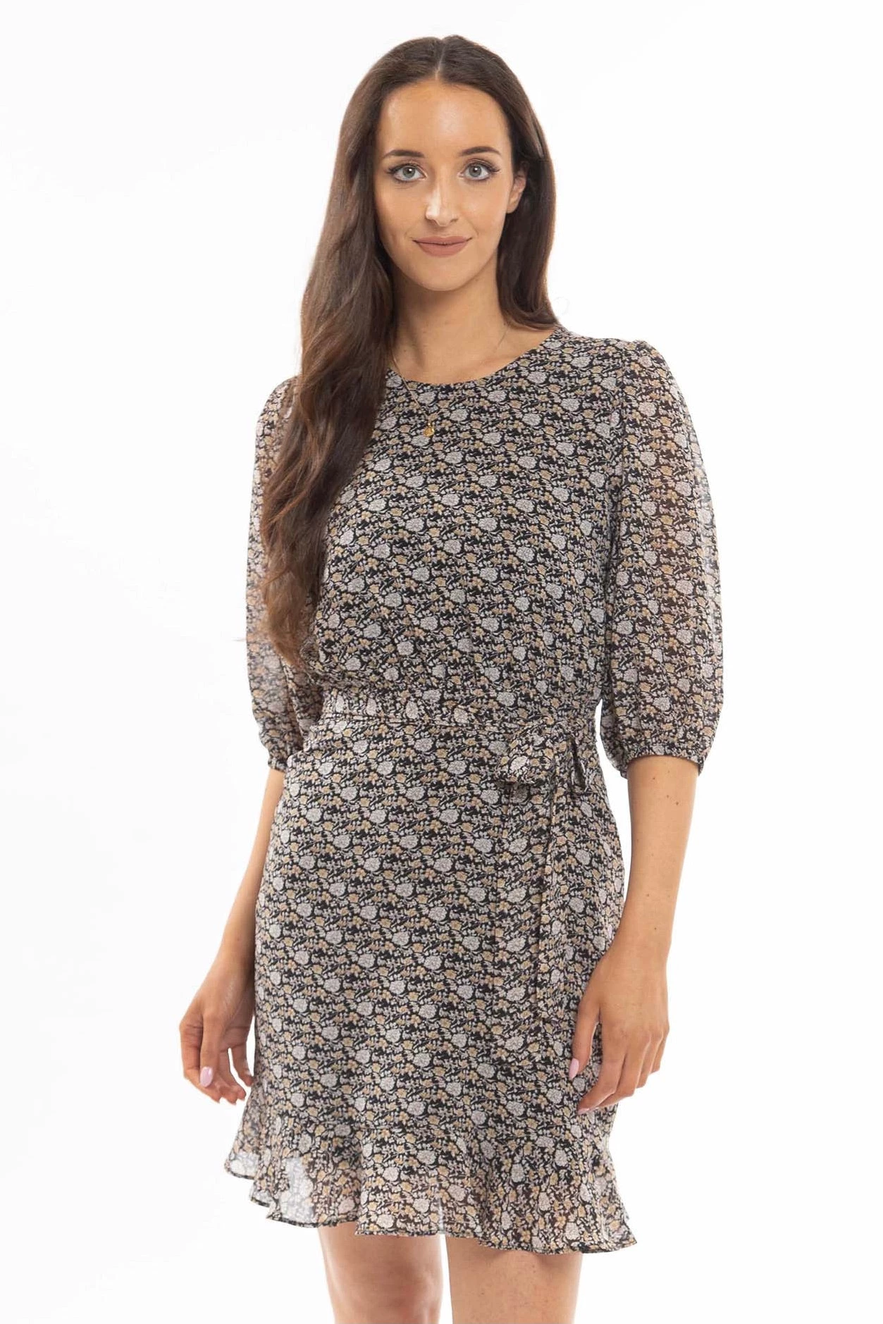 Leila + Luca Dresses Brilliance Black Marigold Floral Frill Hem Tie Waist LS Mini Dress