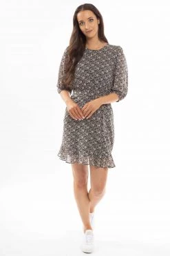 Leila + Luca Dresses Brilliance Black Marigold Floral Frill Hem Tie Waist LS Mini Dress