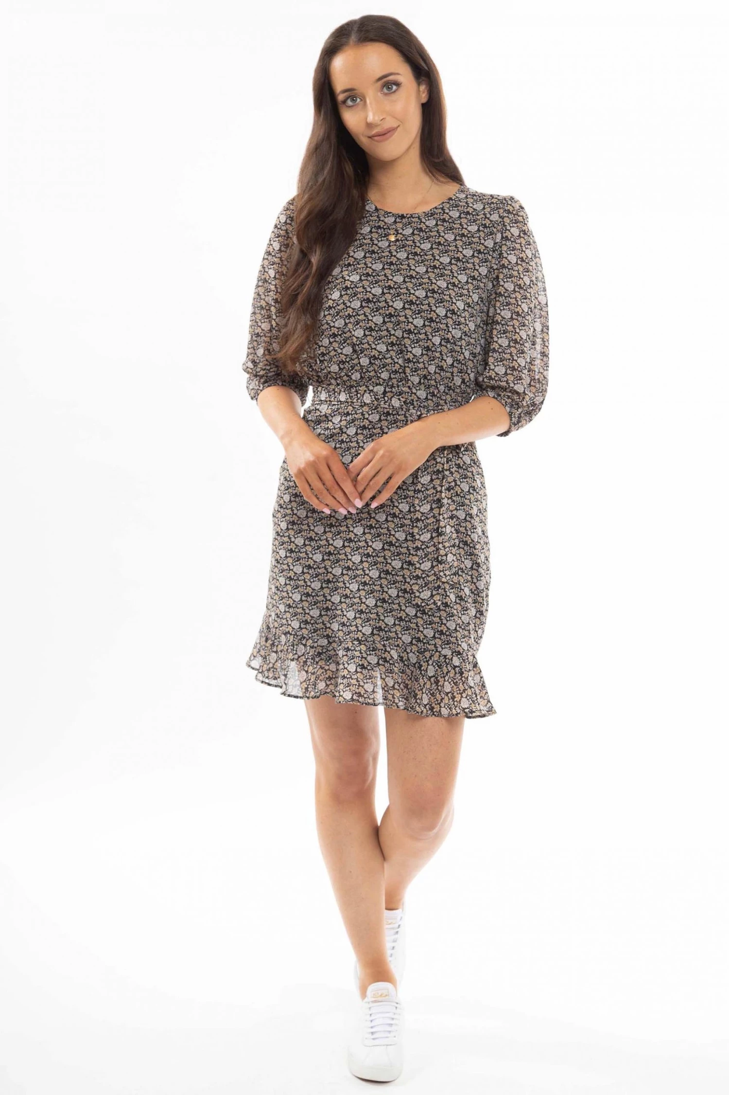 Leila + Luca Dresses Brilliance Black Marigold Floral Frill Hem Tie Waist LS Mini Dress