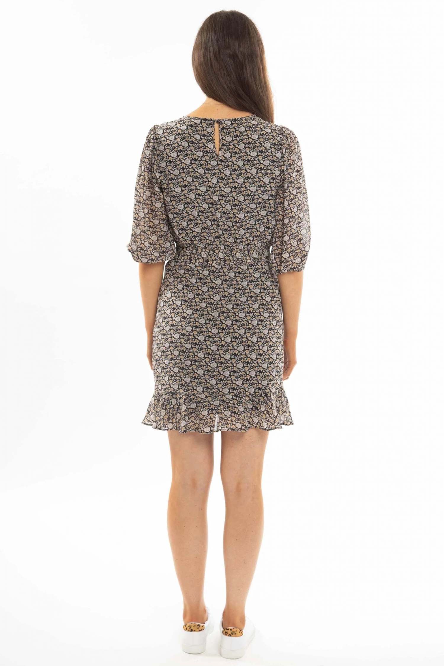 Leila + Luca Dresses Brilliance Black Marigold Floral Frill Hem Tie Waist LS Mini Dress