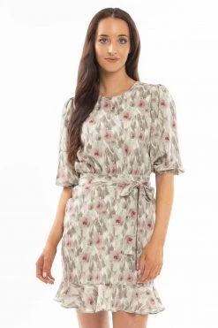 Leila + Luca Dresses Brilliance Khaki Smudge Frill Hem Tie Waist LS Mini Dress