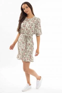 Leila + Luca Dresses Brilliance Khaki Smudge Frill Hem Tie Waist LS Mini Dress