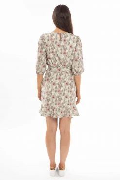 Leila + Luca Dresses Brilliance Khaki Smudge Frill Hem Tie Waist LS Mini Dress