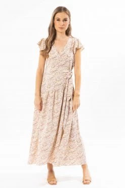 Leila + Luca Romantic Peach Floral SS Wrap Maxi Dress Dresses