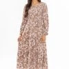 Leila + Luca Awaken Tan Floral Tiered Shirred Bodice Maxi Dress New In