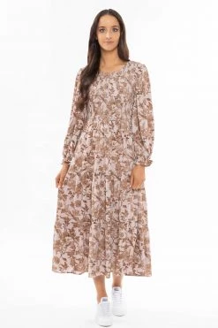 Leila + Luca Awaken Tan Floral Tiered Shirred Bodice Maxi Dress New In