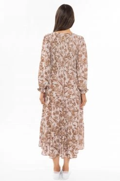 Leila + Luca Awaken Tan Floral Tiered Shirred Bodice Maxi Dress New In