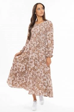 Leila + Luca Awaken Tan Floral Tiered Shirred Bodice Maxi Dress New In