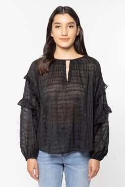 Leila + Luca Stargaze Black Lurex Stripe Frill Raglan Sleeve Top New In