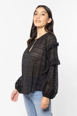 Leila + Luca Stargaze Black Lurex Stripe Frill Raglan Sleeve Top New In