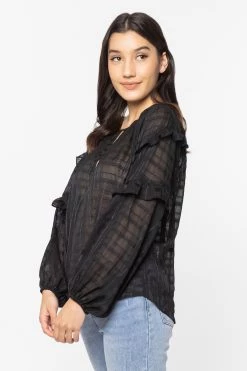 Leila + Luca Stargaze Black Lurex Stripe Frill Raglan Sleeve Top New In