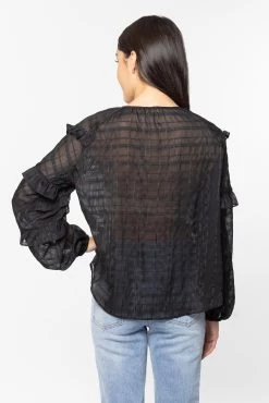 Leila + Luca Stargaze Black Lurex Stripe Frill Raglan Sleeve Top New In