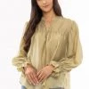 Leila + Luca Free Spirit Green Texture LS Blouson Sleeve Blouse New In