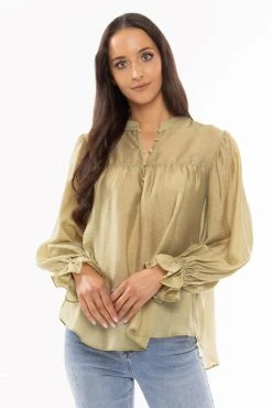 Leila + Luca Free Spirit Green Texture LS Blouson Sleeve Blouse New In