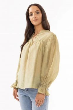 Leila + Luca Free Spirit Green Texture LS Blouson Sleeve Blouse New In