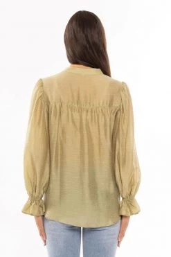 Leila + Luca Free Spirit Green Texture LS Blouson Sleeve Blouse New In