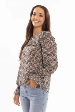 Leila + Luca New In Compliment Black Marigold Frill Detail LS Top