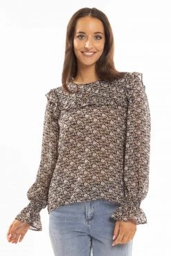 Leila + Luca New In Compliment Black Marigold Frill Detail LS Top