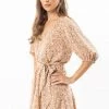 Leila + Luca Adventurous Nude Floral Puff SS V Neck Mini Dress