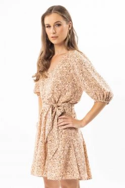 Leila + Luca Adventurous Nude Floral Puff SS V Neck Mini Dress