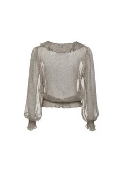 Among The Brave Leo Natural Ditsy Animal LS Shirred Ruffle V Neck Top