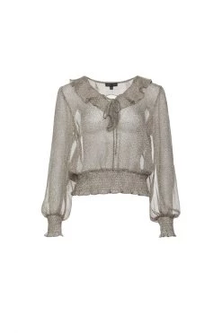 Among The Brave Leo Natural Ditsy Animal LS Shirred Ruffle V Neck Top