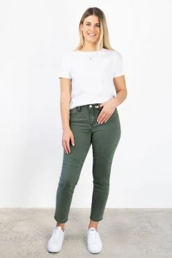 Among The Brave Lily Khaki Mid Rise Knee Panel Denim Jean