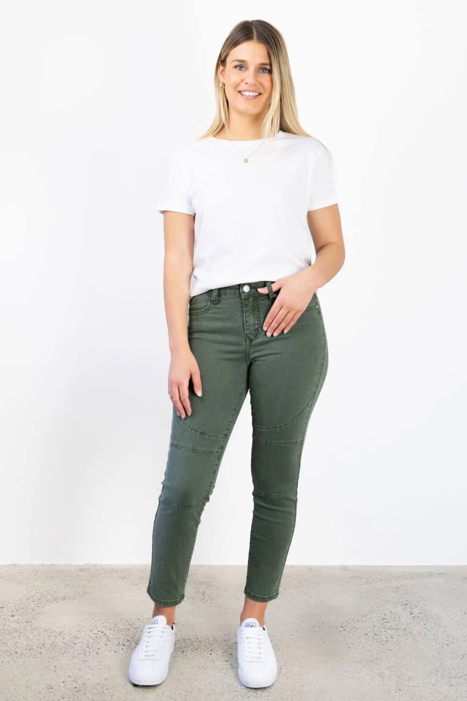 Among The Brave Lily Khaki Mid Rise Knee Panel Denim Jean