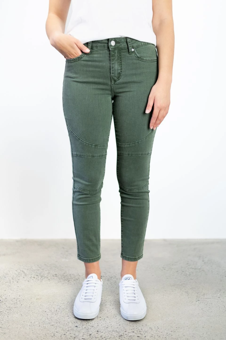 Among The Brave Lily Khaki Mid Rise Knee Panel Denim Jean