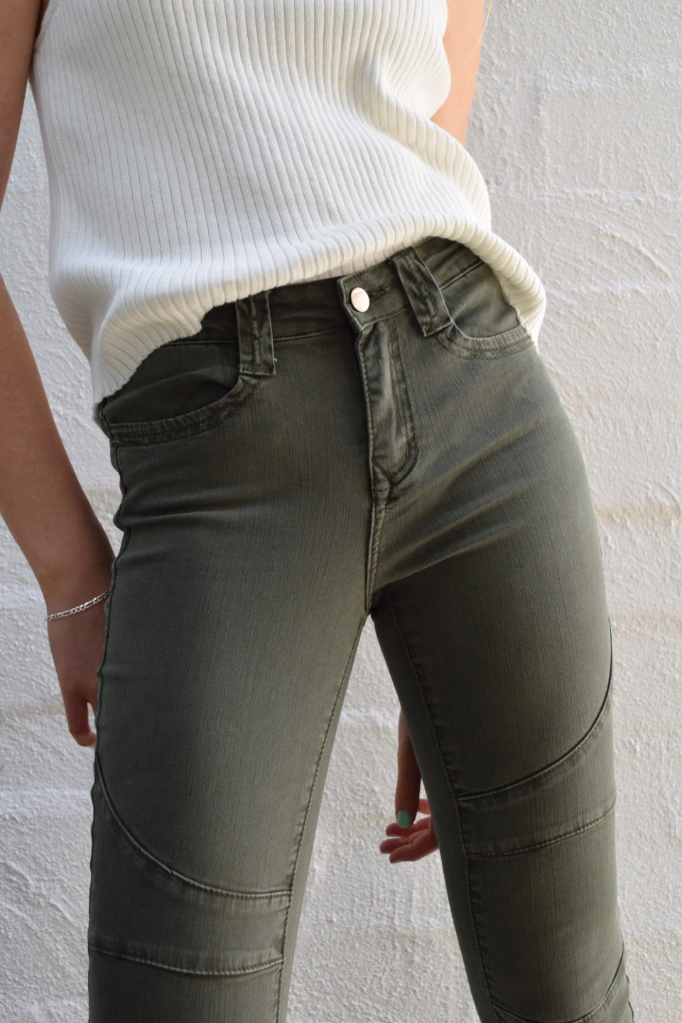 Among The Brave Lily Khaki Mid Rise Knee Panel Denim Jean