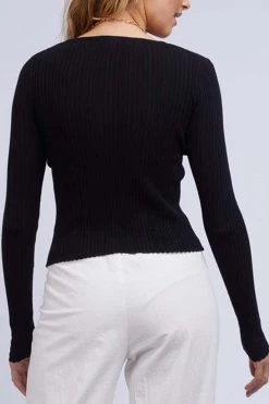 All About Eve Lindsay Black Rib Button Front Top