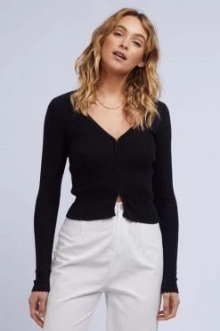 All About Eve Lindsay Black Rib Button Front Top