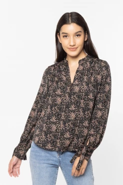 Billie The Label Love Story Black Tie Cuff LS V Neck Button Front Top