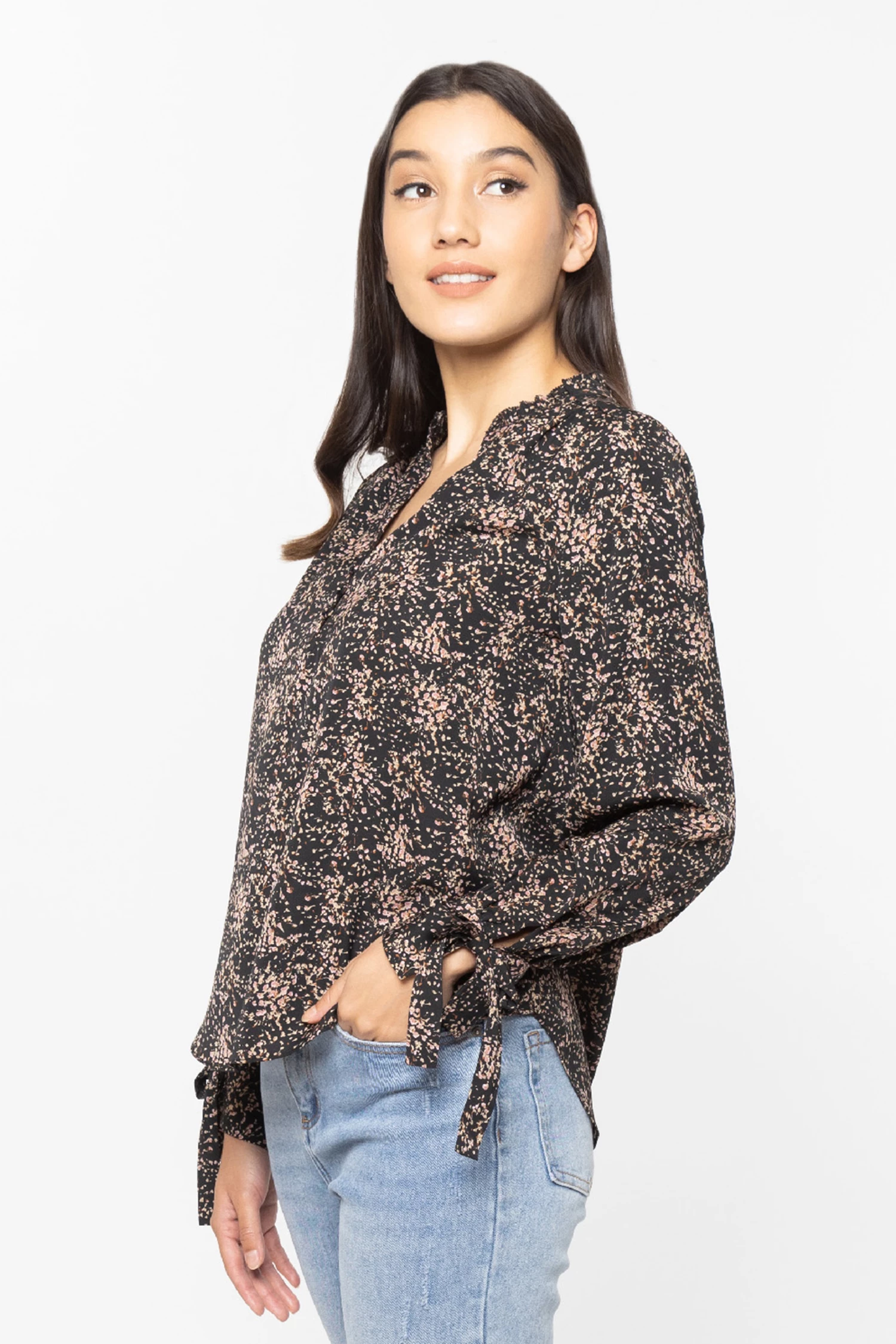 Billie The Label Love Story Black Tie Cuff LS V Neck Button Front Top