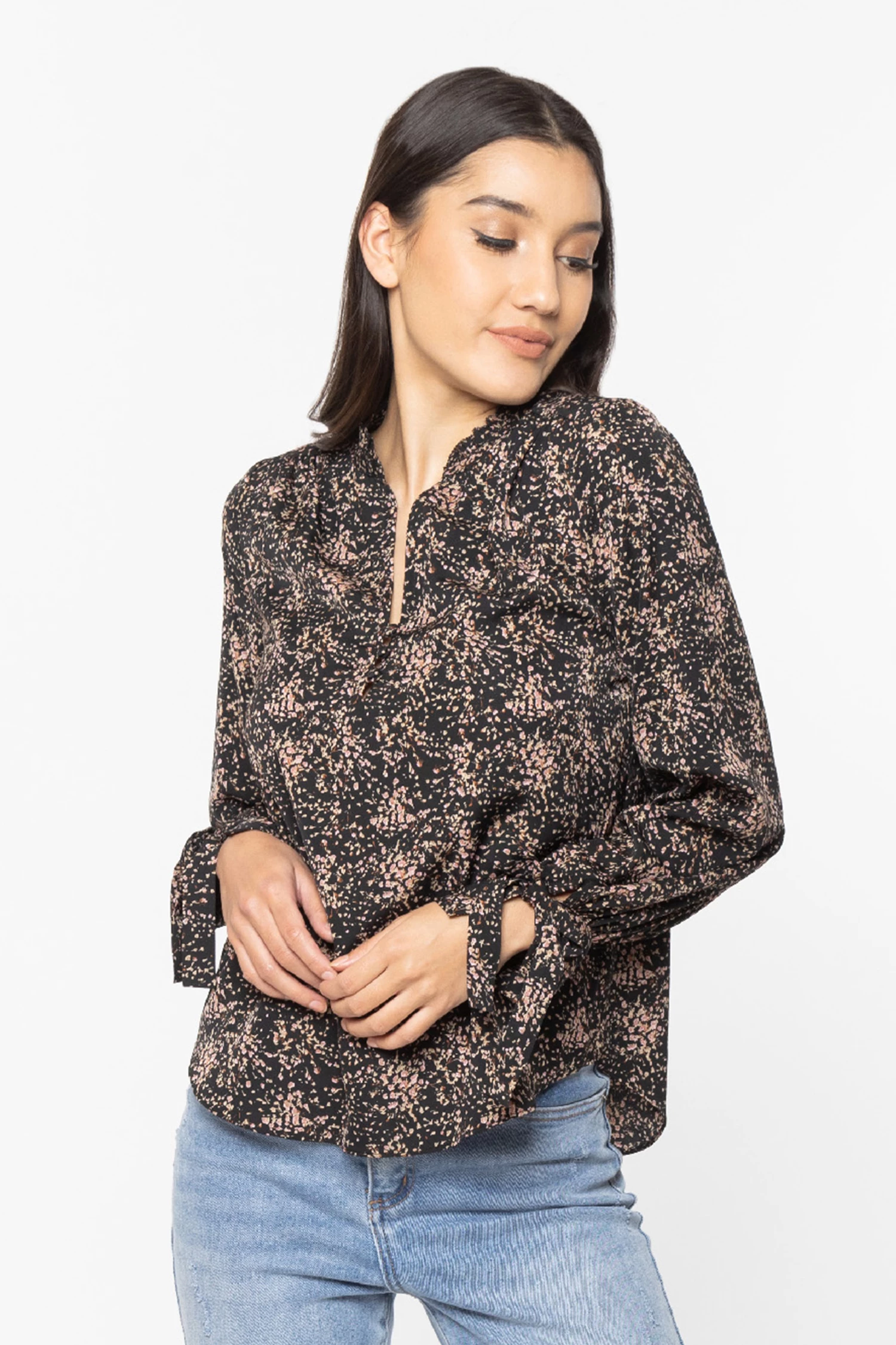 Billie The Label Love Story Black Tie Cuff LS V Neck Button Front Top