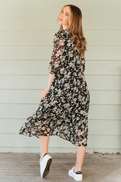 Among The Brave Lucid Garden Midnight Sheer Puff Sleeve Tiered Maxi Dress New In