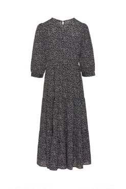 Among The Brave Lucid Black White Ditsy Floral Mid Puff Sleeve Tiered Maxi Dress