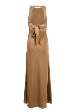 Among The Brave Lucky Charm Spice Satin Sleeveless Tie Back High Neck Midi Dress