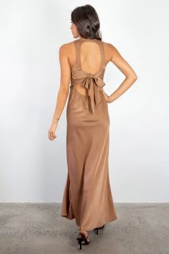 Among The Brave Lucky Charm Spice Satin Sleeveless Tie Back High Neck Midi Dress