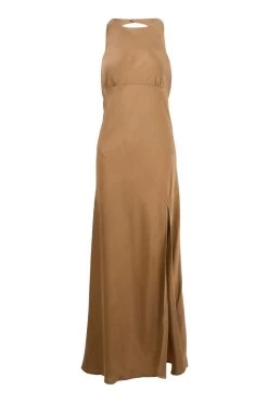 Among The Brave Lucky Charm Spice Satin Sleeveless Tie Back High Neck Midi Dress