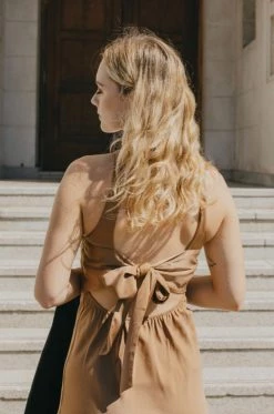 Among The Brave Lucky Charm Spice Satin Sleeveless Tie Back High Neck Midi Dress