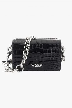 Stolen Little Trouble Black Croc Shoulder Bag With Silver Chain Hardware