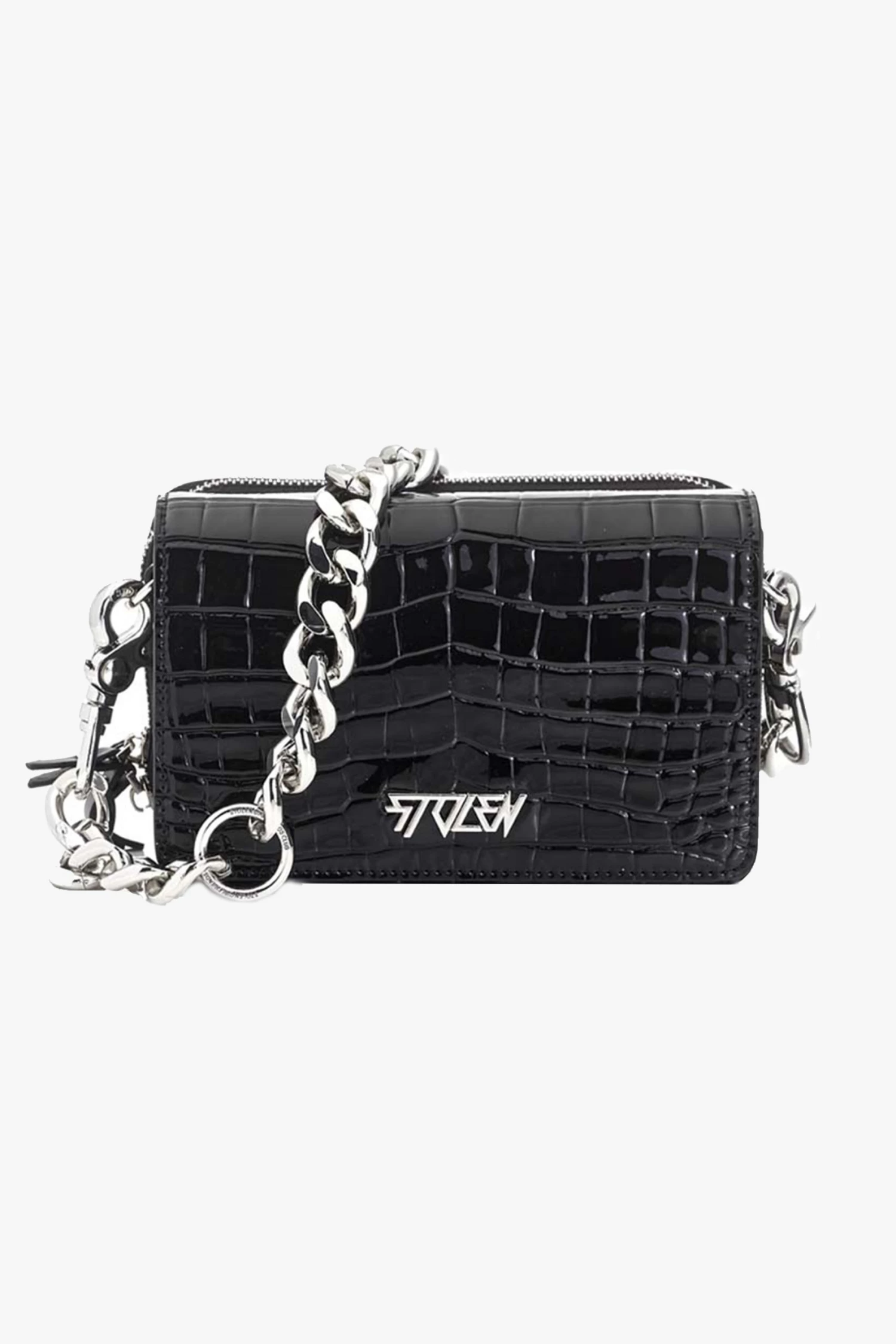 Stolen Little Trouble Black Croc Shoulder Bag With Silver Chain Hardware