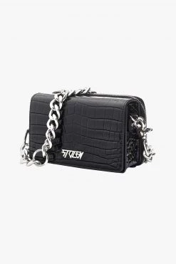 Stolen Little Trouble Black Croc Shoulder Bag With Silver Chain Hardware