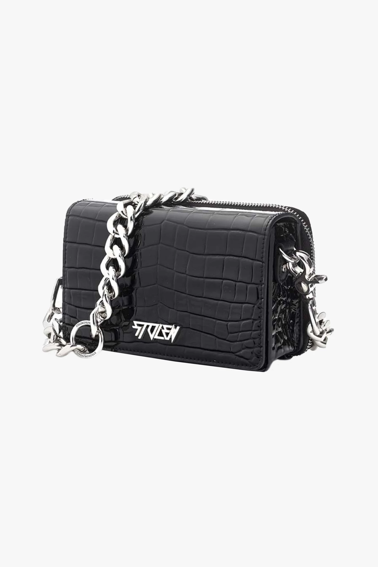 Stolen Little Trouble Black Croc Shoulder Bag With Silver Chain Hardware